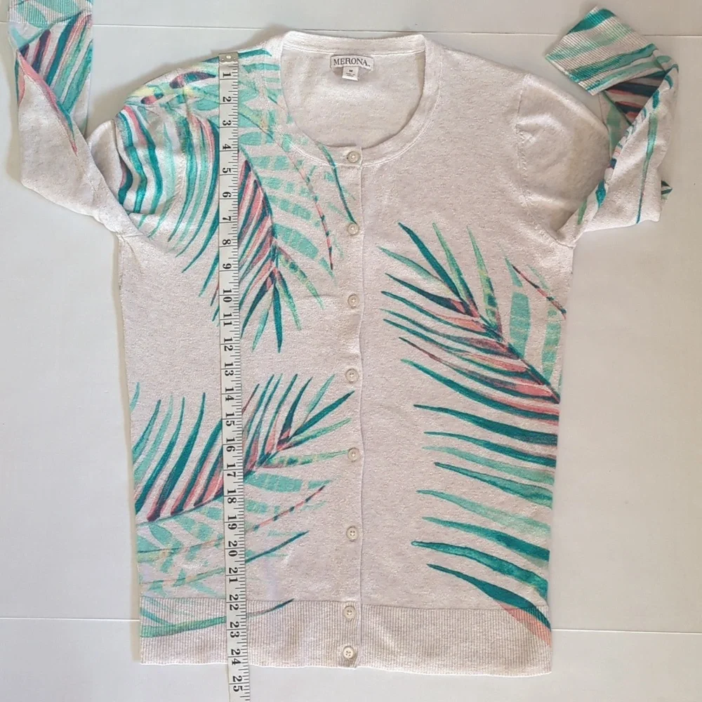 Merona Tropical Palm Leaf Print Heathered Button Up Cardigan Sweater MEDIUM Tan - Picture 13 of 15